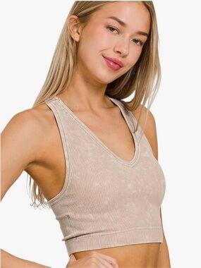 Zenana Trista Washed Ribbed Seamless V-Neck Racerback Padded Bra Ash Mocha L/XL
